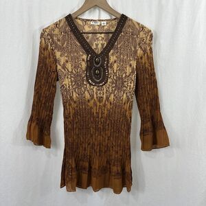 Cato Boho Gold Ombré Pleated Flare Sleeve Y2K Top Womens Size S Hippie Artsy